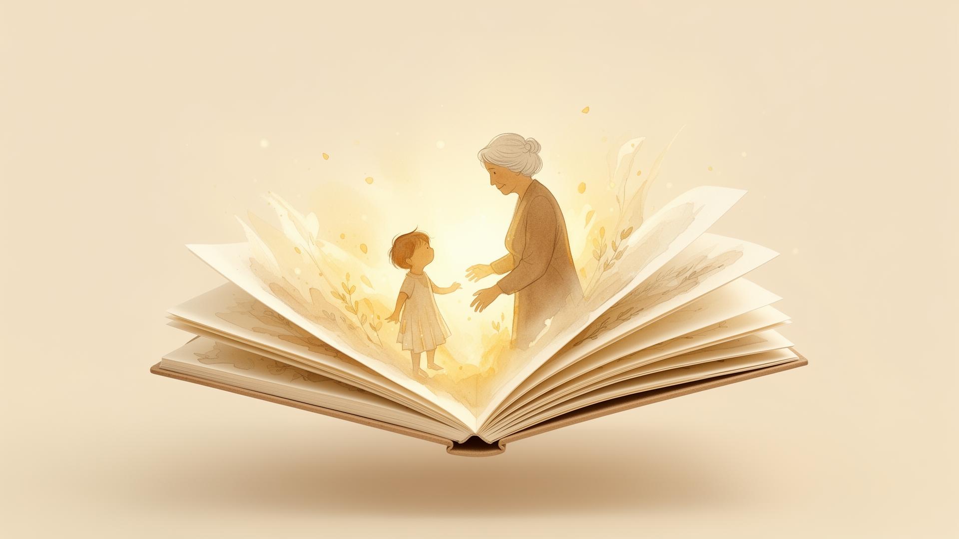 Livre illustré ouvert avec scène d'une grand-mère et un enfant